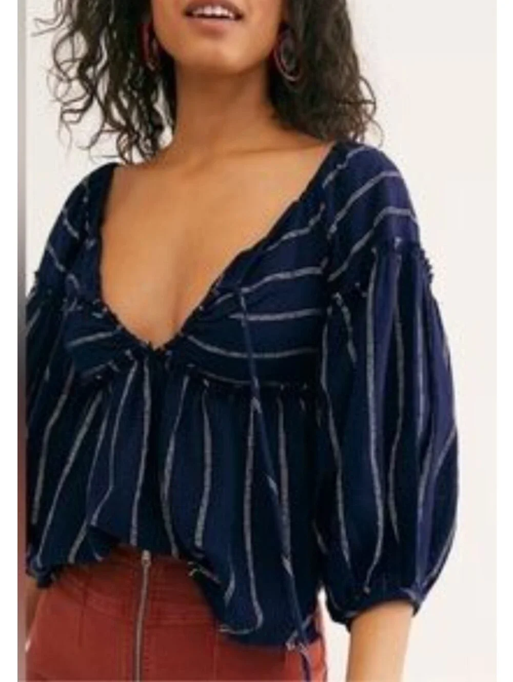 Free People Navy Blue Pinstripe Peasant Top